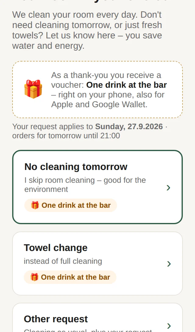 Guest page: no cleaning tomorrow – with a thank-you voucher