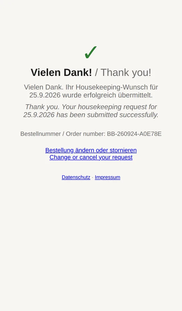 Confirmation of the request in German and English