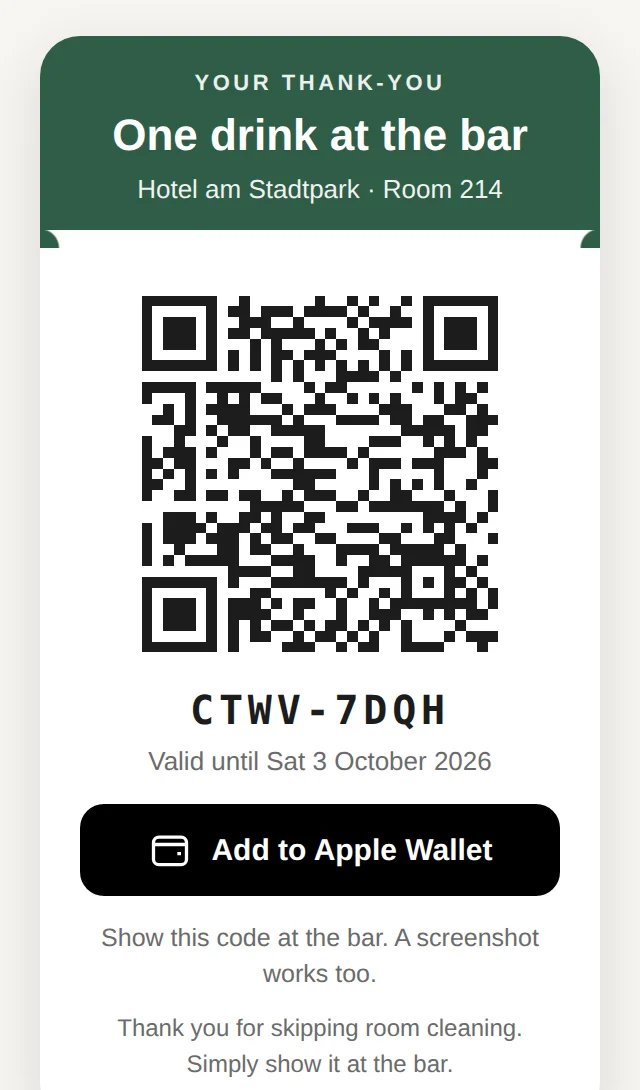 Voucher with QR code and Apple or Google Wallet button