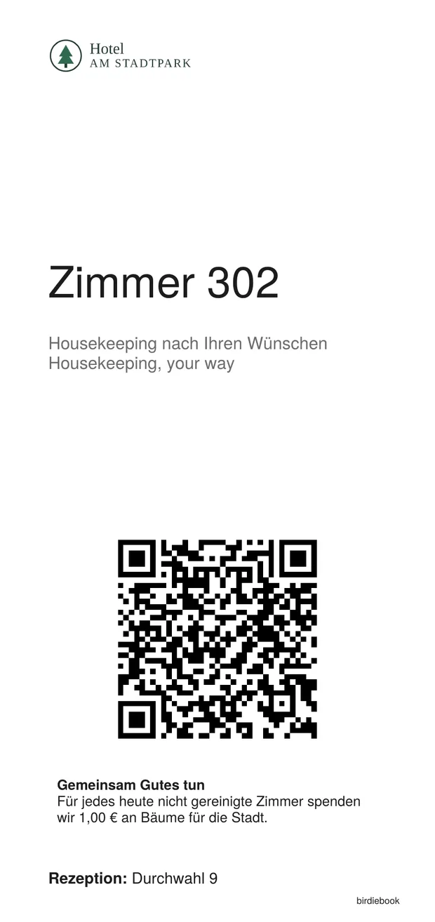 Service table tent with QR code for room 302
