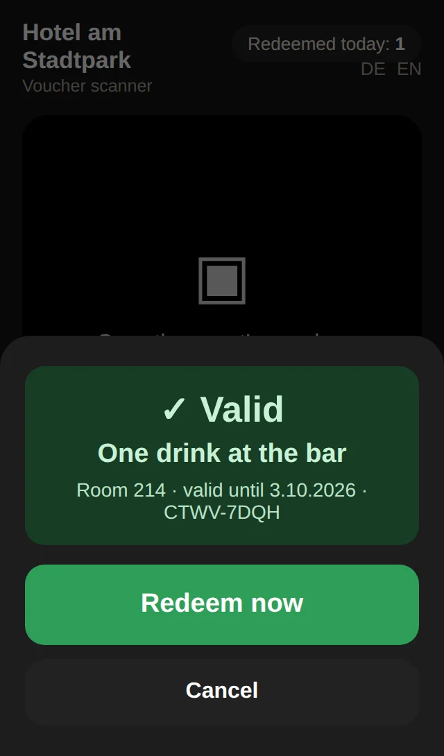 Scanner app at the bar: voucher valid, redeem now