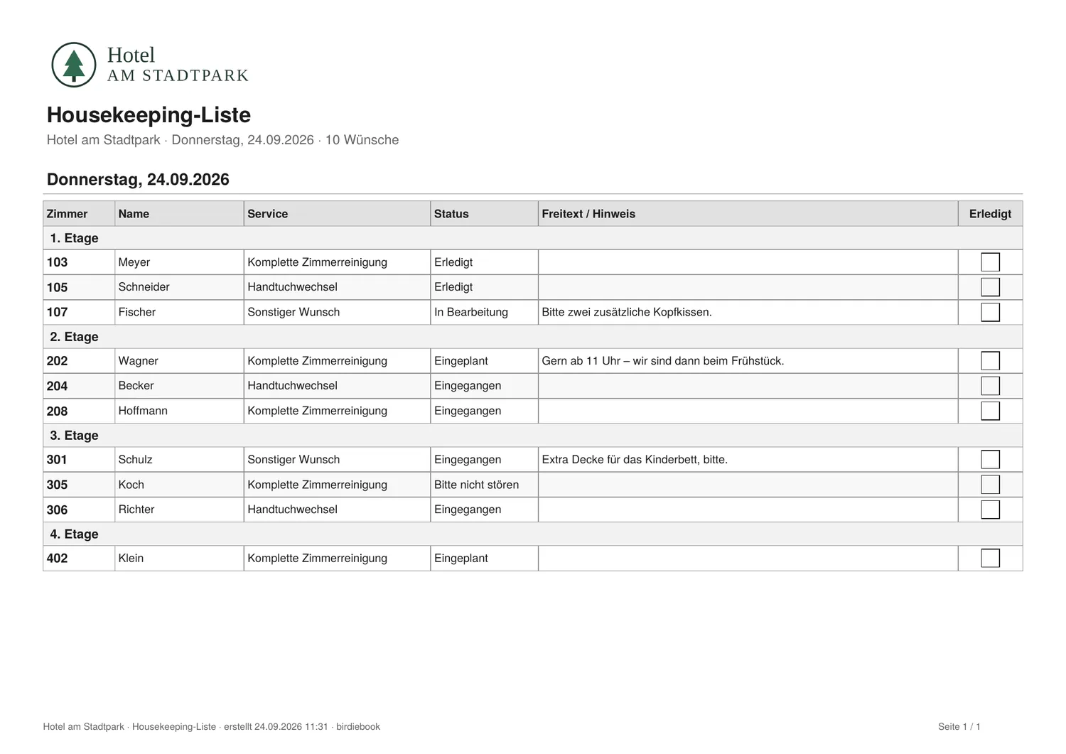 Daily list as PDF